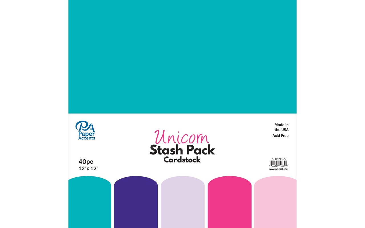 PA Paper Accents Stash Pack Cardstock Pack 12" x 12" Unicorn colored cardstock paper for card making, scrapbooking, printing, quilling and crafts, 65lb., 40 pieces